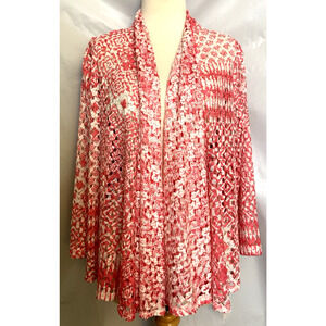 Ruby Rd Cardigan Womens LARGE Orange/Salmon Red Mesh Lace Shrug Open Front Boho